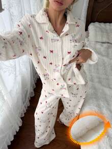 DAZY Winter Cute Bow & Bear Pattern All-Over Print Plush Women's Pajama Set Fall - Blue - View 4