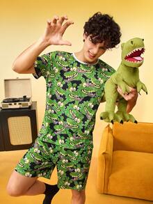 Notgurli Men's Black Cartoon Crocodile Print Milk Silk Round Neck Short Sleeve 2-Piece Set, Casual Home Wear Outfit - Multicolor - View 1