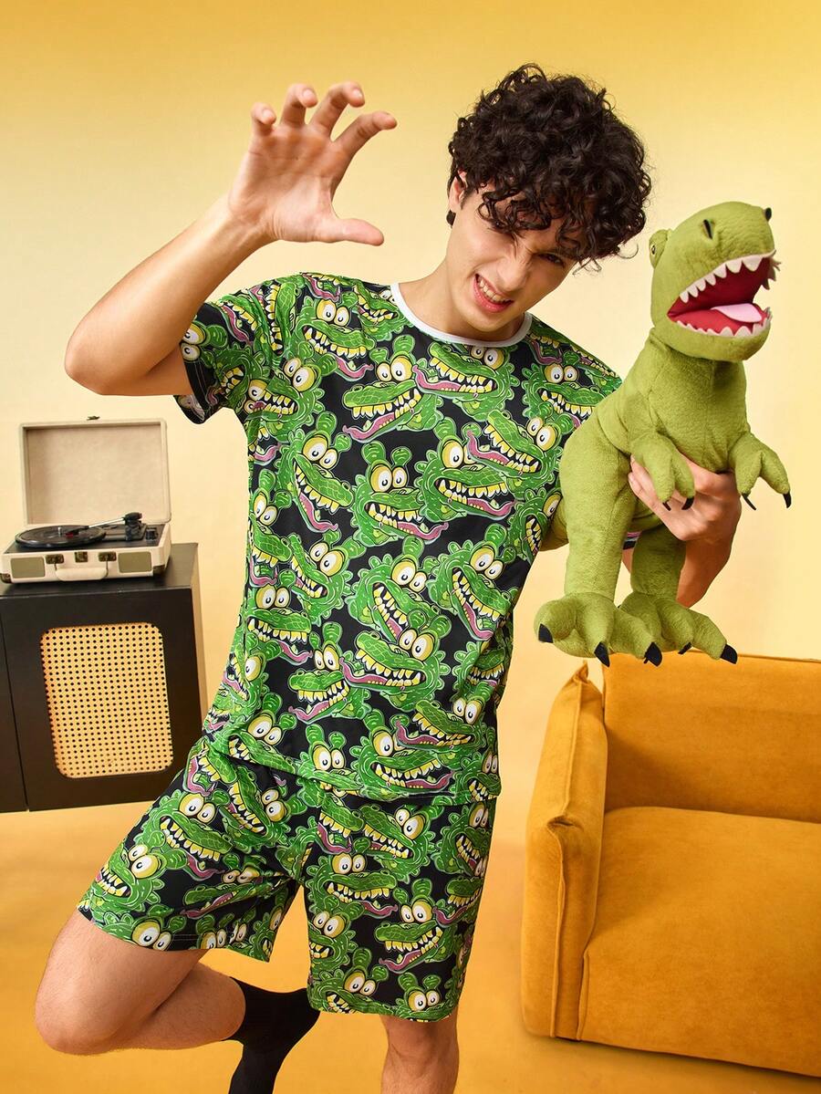 Notgurli Men's Black Cartoon Crocodile Print Milk Silk Round Neck Short Sleeve 2-Piece Set, Casual Home Wear Outfit - Multicolor - View 1
