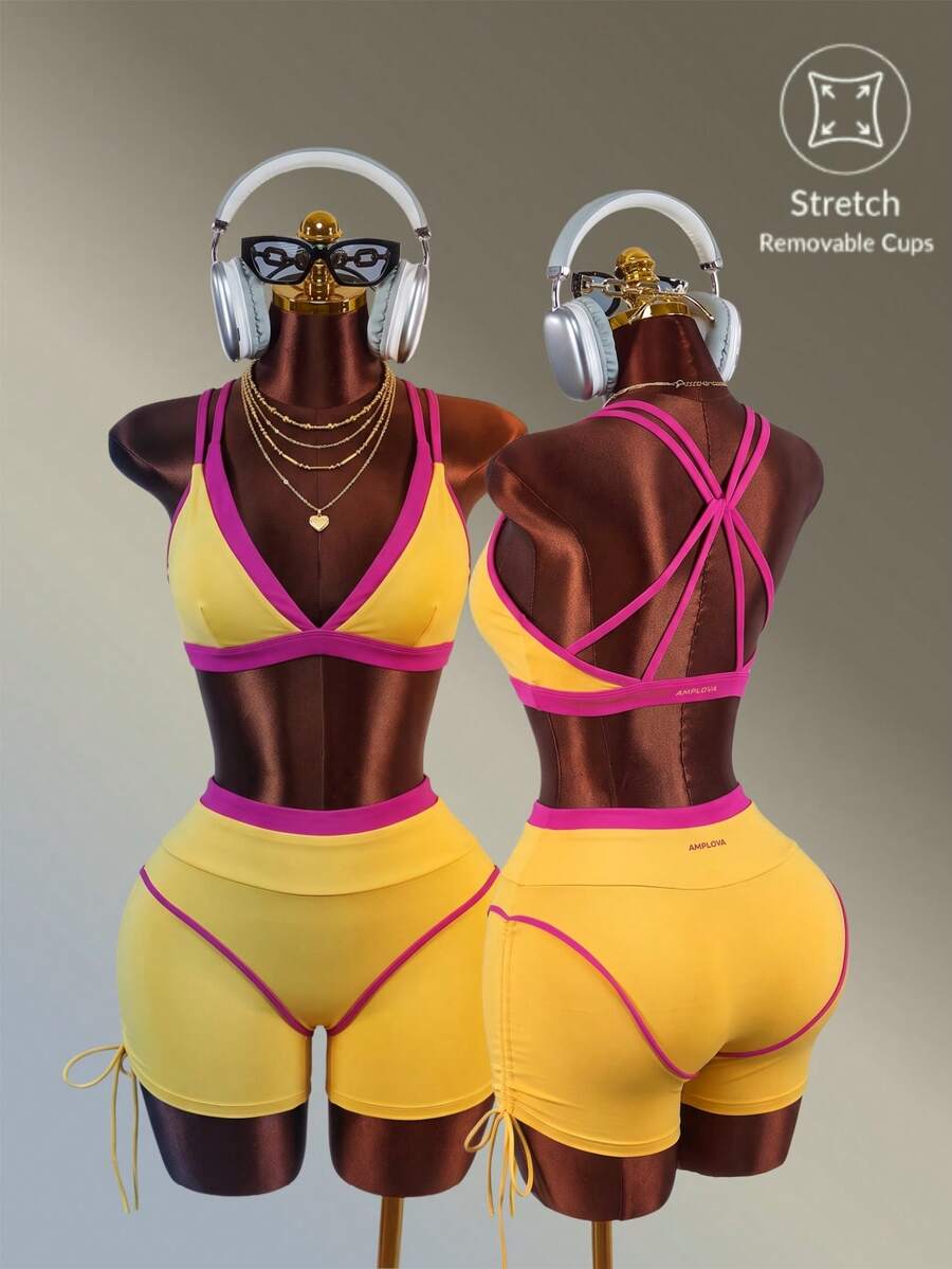 Amplova Women's Color Block Casual Daily Outing Gym Sports Yellow And Pink Color-Blocking Sexy Sport Bar And Side Drawstring Athletic Shorts Workout Backless - Pink - View 1