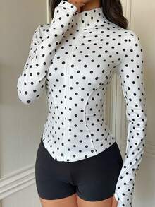 SHEIN EZwear 女款白色波點長袖前拉鍊修身夾克 - 杏色 - 查看 4