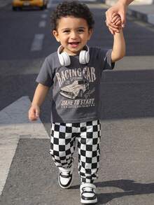 SHEIN Kids 2pcs/Set Young Boys Cute Summer Casual Vintage Distressed Car Graphic Loose Short Sleeve T-Shirt & Checkered Long Pants Racing Outfit Boys Set - Multicolor - View 1