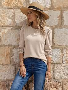 EMERY ROSE Camiseta casual versátil de mujer de unicolor con cuello redondo y mangas abullonadas - Albaricoque - Ver 3