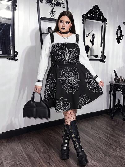 SHEIN CURVE+ فستان أسود بطبعة شبكة العنكبوت خريف وشتاء 2026 مقاس كبير 22W زي هالوين للنساء