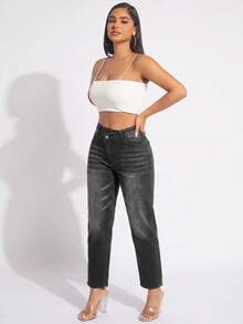 SHEIN SXY 休閒水洗不對稱腰頭牛仔褲 - 灰色 - 查看 5