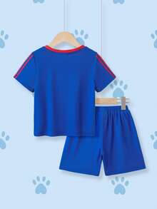 SHEIN | PAW Patrol بلوزة وشورت كاجوال يومي مطبوع عليهما رسوم كرتونية للأولاد، بياقة دائرية وأكمام قصيرة - الأزرق - مشاهدة 2