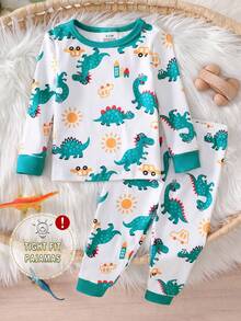 Baby Boy Comfortable Soft High Elasticity Ribbed Fabric Beige Cute Dinosaur All-Over Print Pattern Crew Neck Top And Matching Pattern Long Pants Tight Fit Pajama Set - Multicolor - View 9