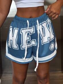 Alexandranx Women's Letter Print Sports Shorts, Fashionable For Summer - Teal Blue - View 6