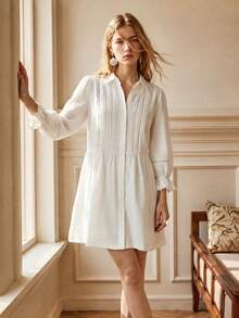 Écloséra Tall Women's French Style Versatile Lace Patchwork Single-Breasted Dress - White - View 5