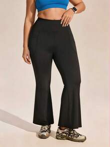 Dewbera Dewbera Women's Plus Size Solid Color Pocket Athletic Flare Leggings Gym Sports Black Summer - Black - View 3