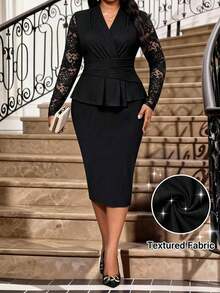 Fleurora Elegant Plus-Size Bodycon Dress With Lace Paneling Elegant Dress Autumn Clothes Winter Dress Formal Dress Work Outfits For Women Halloween Costume - Black - View 1