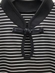 SHEIN Women's Elegant Classic Black And White Striped Knit Contrast Color Short Sleeve Small Stand Collar New Chinese Style Frog Button T-Shirt, Suitable For Dating, Daily Life, Gathering, Outdoor, Commute, Street And Home Occasions, Graduation Season, Fashion Casual Commute Wear, Business Office Wear, Daily Casual Wear, Urban Teacher Professional Wear. - Black - View 5
