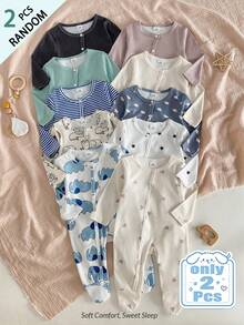 SHEIN Vintaside Kids [10套隨機發送2套]新生兒長袖長褲連身衣款，可愛條紋素色極簡動物心形大象星星及其他圖案印花羅紋面料柔軟舒適深受許多媽媽和寶寶喜愛的睡衣居家服 - 彩色 - 查看 3