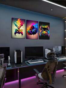3Pcs Gaming Controller Canvas Wall Art – RGB Headphone Gamer Posters, Modern Video Game Room Decor, Gift For Boys Men Teens (Unframed) - multicolor - View 4