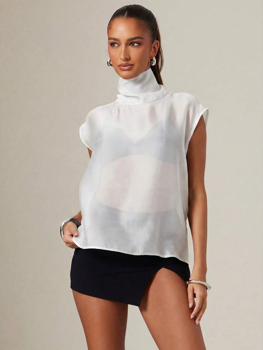 Hauture Women's Solid Color Stand Collar Casual Versatile Daily Travel Shirt - White - View 1