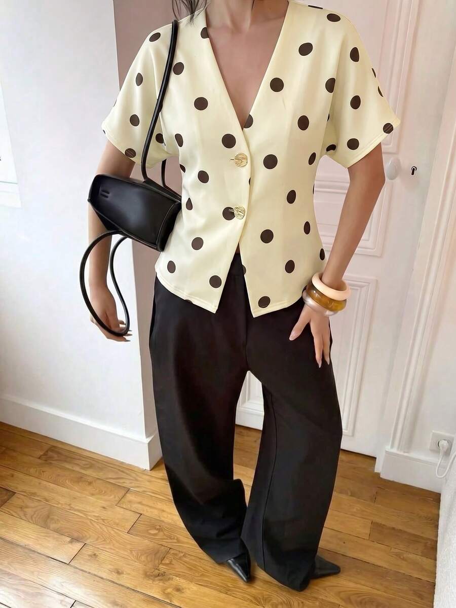 Aloruh Women's Polka Dot V-Neck Casual Versatile Daily Wear Blouse - Pale Yellow - View 1