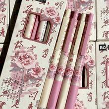 8pcs INS Chinese Style Rose Retractable Gel Pen, Soft Grip Posture Correction, 0.5mm Quick Dry Black Ink For Students Exams & Writing - multicolor - View 5