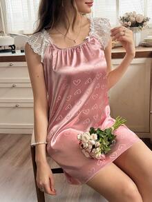 LuxeNights Women's Satin Full Print Heart Patchwork Lace Nightgown - Dusty Pink - View 1