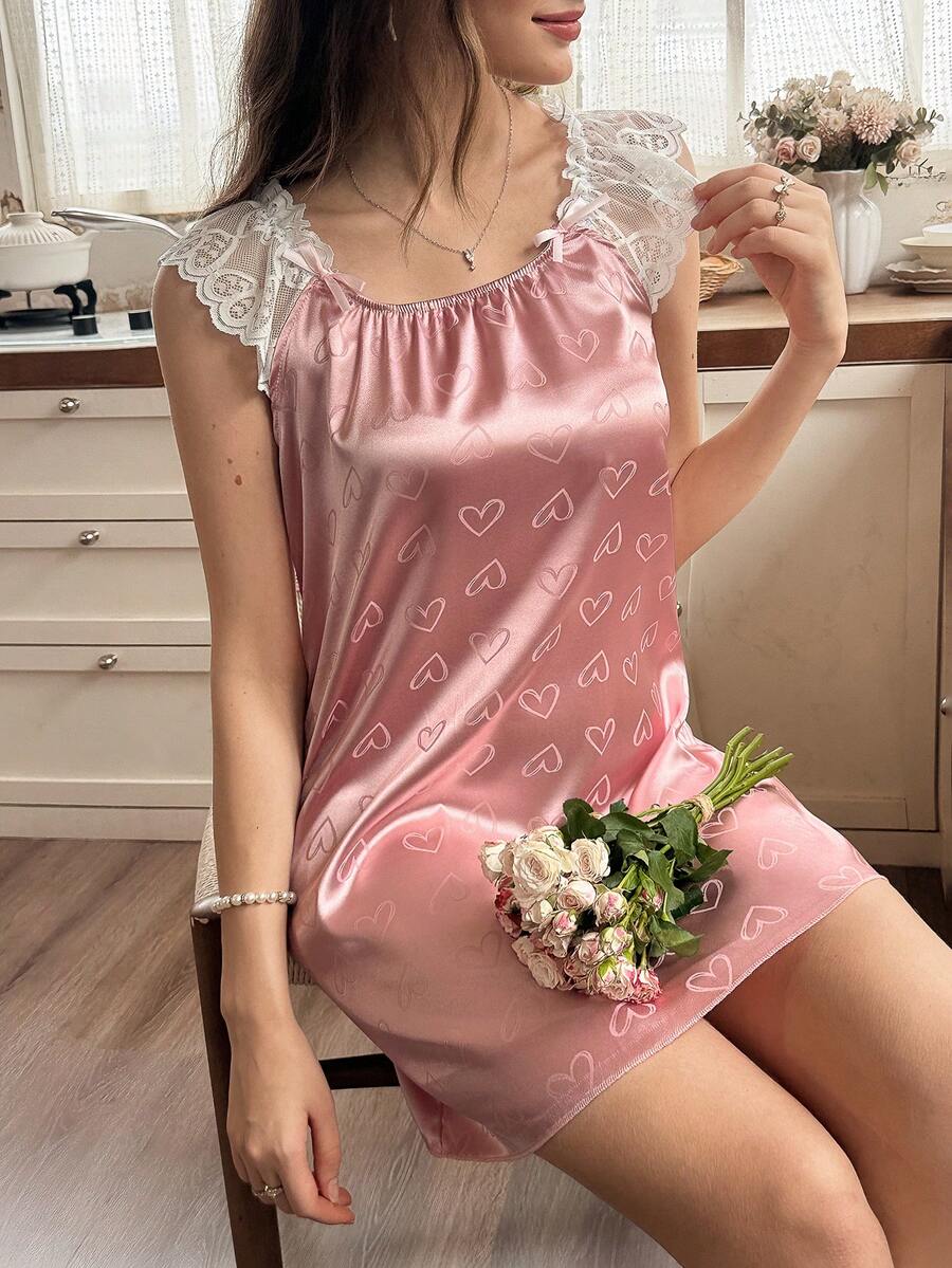 LuxeNights Women's Satin Full Print Heart Patchwork Lace Nightgown - Dusty Pink - View 1