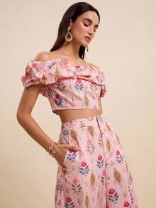 LOTSLUV Women's Early Autumn Elegant Commute, Pink Print, Off-Shoulder Cropped Top And Printed Long Pants Two Pieces Set,Vacation Outfits,Office Casual - Pink - View 4