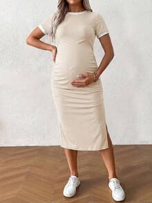 SHEIN 孕婦拼色圓領短袖側開衩下擺修身休閒洋裝 - 杏色 - 查看 5