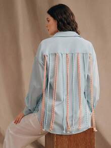 Anewsta Plus Size Women's Spring/Summer New Fringe Decor Long Sleeve Shirt Fall - Blue - View 3