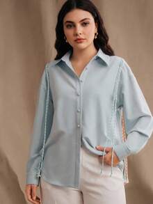 Anewsta Plus Size Women's Spring/Summer New Fringe Decor Long Sleeve Shirt Fall - Blue - View 5
