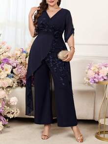 SHEIN CURVE+ 大尺碼刺繡時尚精緻 3D 花卉裝飾寬鬆連身褲 - 藏蓝色 - 查看 5