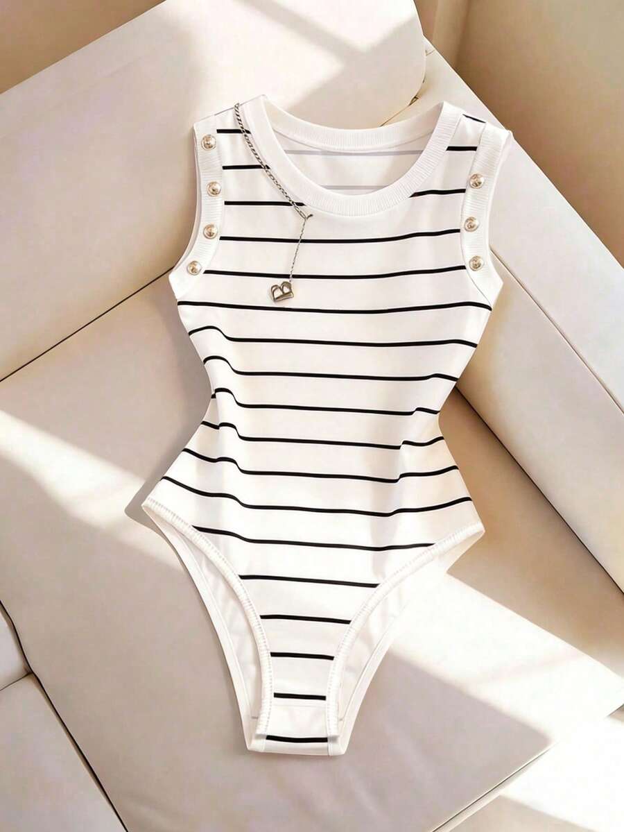 SHEIN Franclia Bodysuit Slim Fit Minimalis Terbaru untuk Wanita dengan Hiasan Gesper Rhinestone dan Model Fashion Baru - Putih - View 1