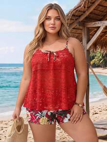 SHEIN CURVE+ Bikini Tank Wanita Ukuran Plus Musim Panas 2026 Model Longgar Jala Motif Patchwork Pinggang Tinggi dengan Celana Bikini 2 Potong - Merah - View 5