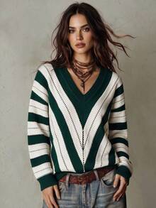 Franclia Women's Green And White Striped Autumn Casual School Sweater,Deep V-Neck Geometric Pattern Jacquard Long Sleeve Loose Christmas Halloween Clothing - Dark Green - View 1