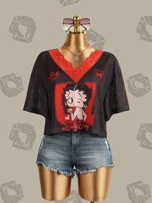 Betty Boop x SHEIN 女款卡通印花蕾絲拼接短版T恤 - 粉色 - 查看 1