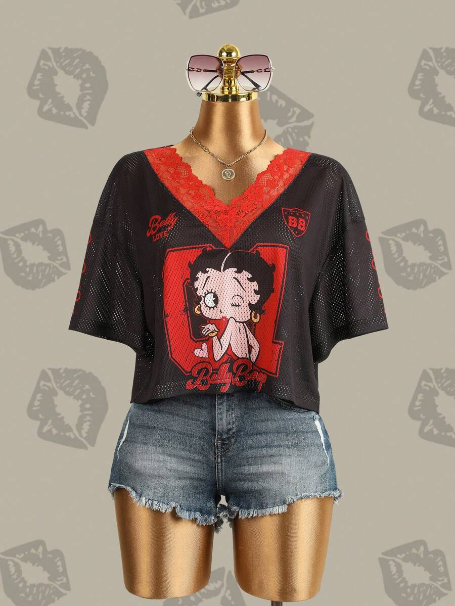 Betty Boop x SHEIN 女款卡通印花蕾絲拼接短版T恤 - 粉色 - 查看 1