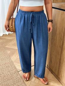 SHEIN Frenchy Celana Panjang Wanita Ukuran Besar Kasual Lembut dengan Pinggang Elastis untuk Liburan, Sehari-hari, Acara Formal, Musim Panas, Warna Biru Langit, Pakaian Sehari-hari - Biru - View 6