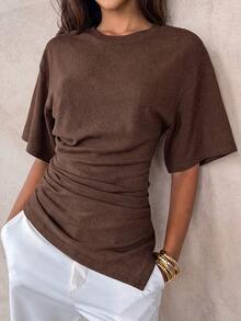 Aloruh 女款休閒百搭棕色T恤，夏季圓領收腰不對稱設計T恤 - 咖啡棕 - 查看 7