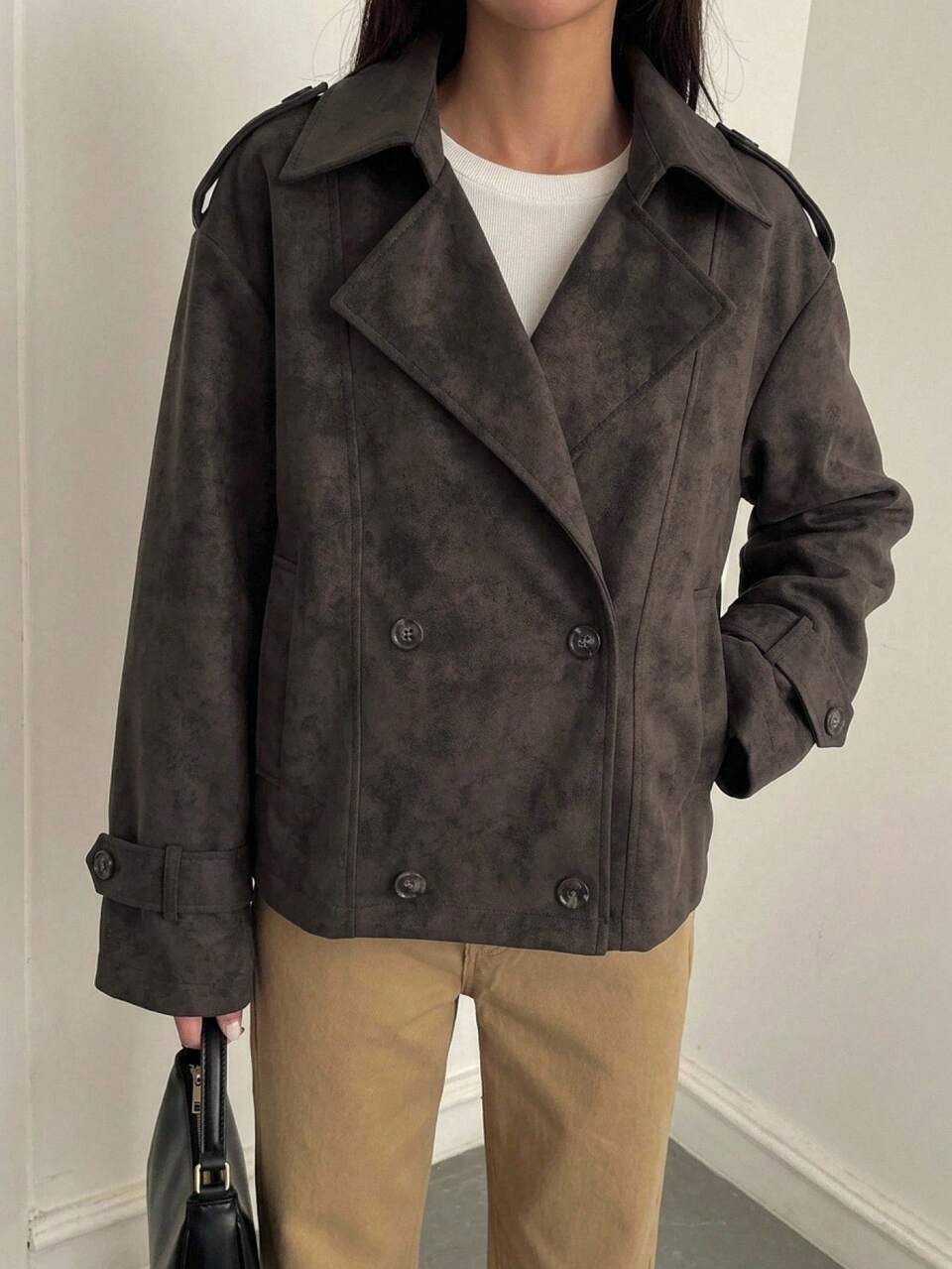 Women's Loose Long Sleeve Short Casual Regular PU Leather Jacket Fall