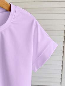 SHEIN Tween Girl Casual Solid Color Loose Crew Neck Rolled Cuff Cap Sleeve Cropped T-Shirt - Mauve Purple - View 6