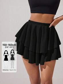 SHEIN PETITE High Waist Layered Hem Ruffle Skirt - Black - View 4