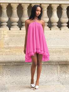 Mima John Women's Chiffon Layered Ruffle Sleeveless Mini Dress Party Elegant Summer - Hot Pink - View 3