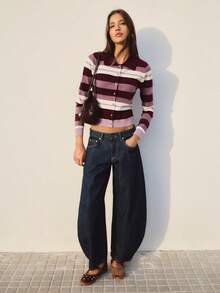 Nöista Stripe Knit Cardigan In Burgundy, Lilac And Cream Tones With Collar And Button Front. Perfect For Office Wear, Layering And Day-To-Night - Purple - View 1