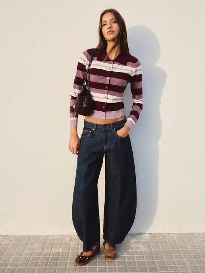 Nöista Stripe Knit Cardigan In Burgundy, Lilac And Cream Tones With Collar And Button Front. Perfect For Office Wear, Layering And Day-To-Night
