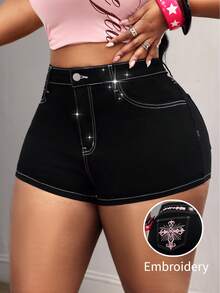 SHEIN Unity Cowgirl Plus Size Women's Black Elastic Embroidered Fitted Sexy Denim Shorts - Black - View 8