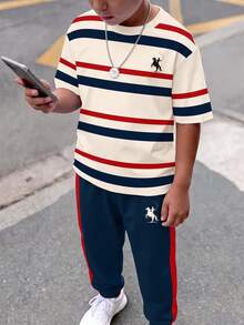 Tween Boy Casual Comfortable Fashion Minimalist Crew Neck Short Sleeve T-Shirt And Long Pants Set, Classic Retro Striped Pattern Print, Exquisite Knight Pony Logo Print, Suitable For Back To School Season - Multicolor - View 3