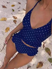 Sunnyshic Women's Vacation Beach Polka Dot Print Tankini Set - Navy Blue - View 1