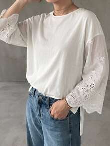 Dazy Plus Solid Color Contrast Lace Bell Sleeve Hem Slit Front Short Back Long Design Spring Summer Autumn White T-Shirt - White - View 4