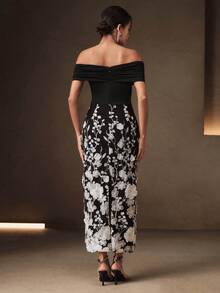 Anewsta Women's Elegant Mid-Length 3D Embroidered Off-Shoulder Dress, Black And White Cocktail Dress For Party, Wedding Guest Wear - Black - View 2