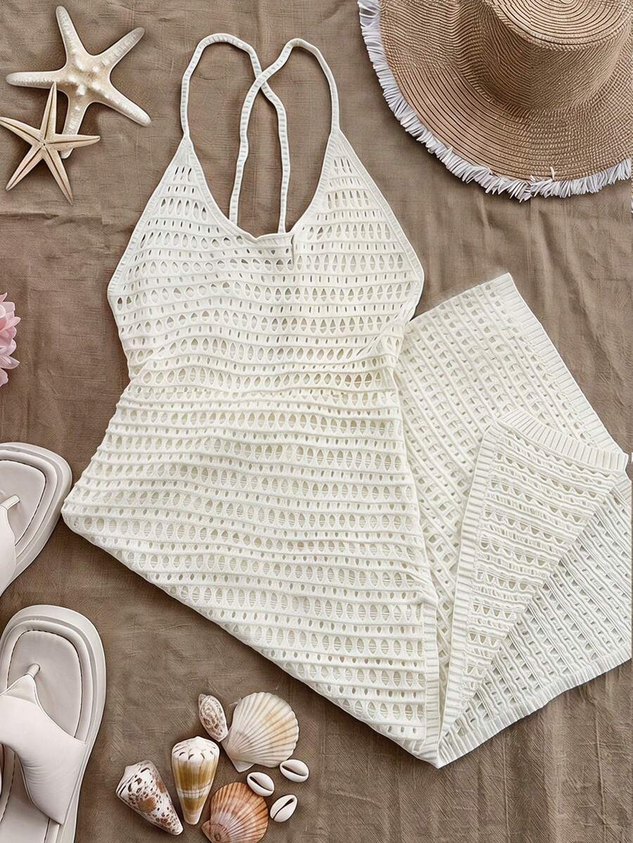 Sweetra Plus Size Women's Solid Color Spaghetti Strap Slit Knit Dress For Vacation Fall - White - View 1