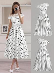 SHEIN Gaun Musim Panas Elegan untuk Remaja Perempuan dengan Motif Polkadot dan Patchwork Renda, Kerah Asimetris - Hitam dan Putih - View 12
