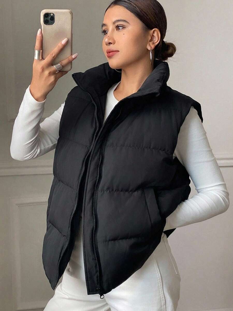 DAZY Jaket Rompi Empuk Musim Dingin Wanita Hangat dengan Kantong Resleting untuk Musim Gugur - Hitam - View 1