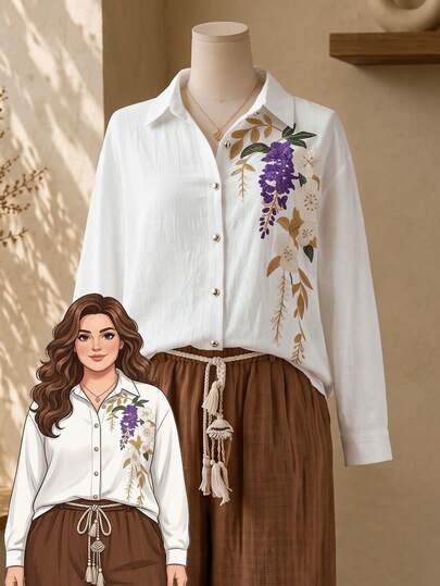Rusticease Plus Size Women's Floral Embroidered Long Sleeve Single-Breasted Casual Shirt